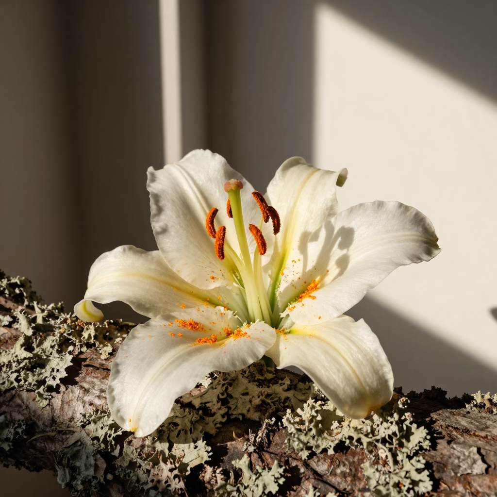 Pollen Dust on White Lily Stamens in on lichen-covered bark in Lanzhou