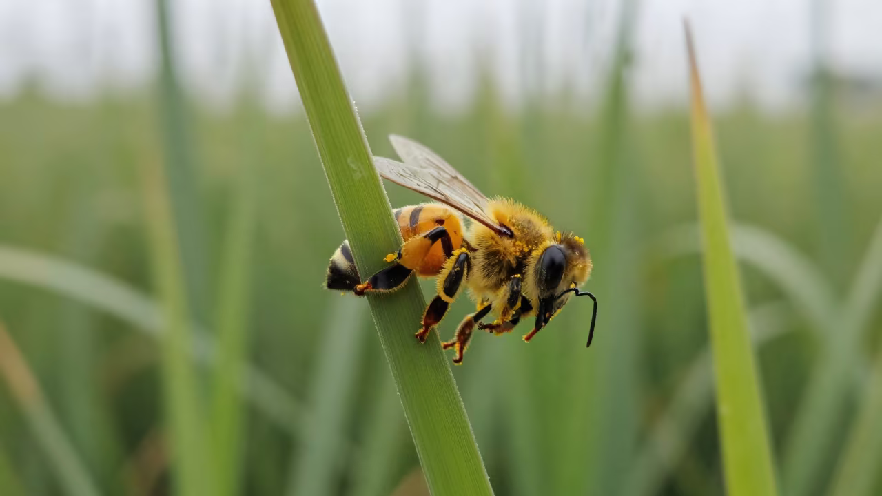 Pollen-Dusted Bee in Indian Reed Bed in at the edge of a reed bed in India