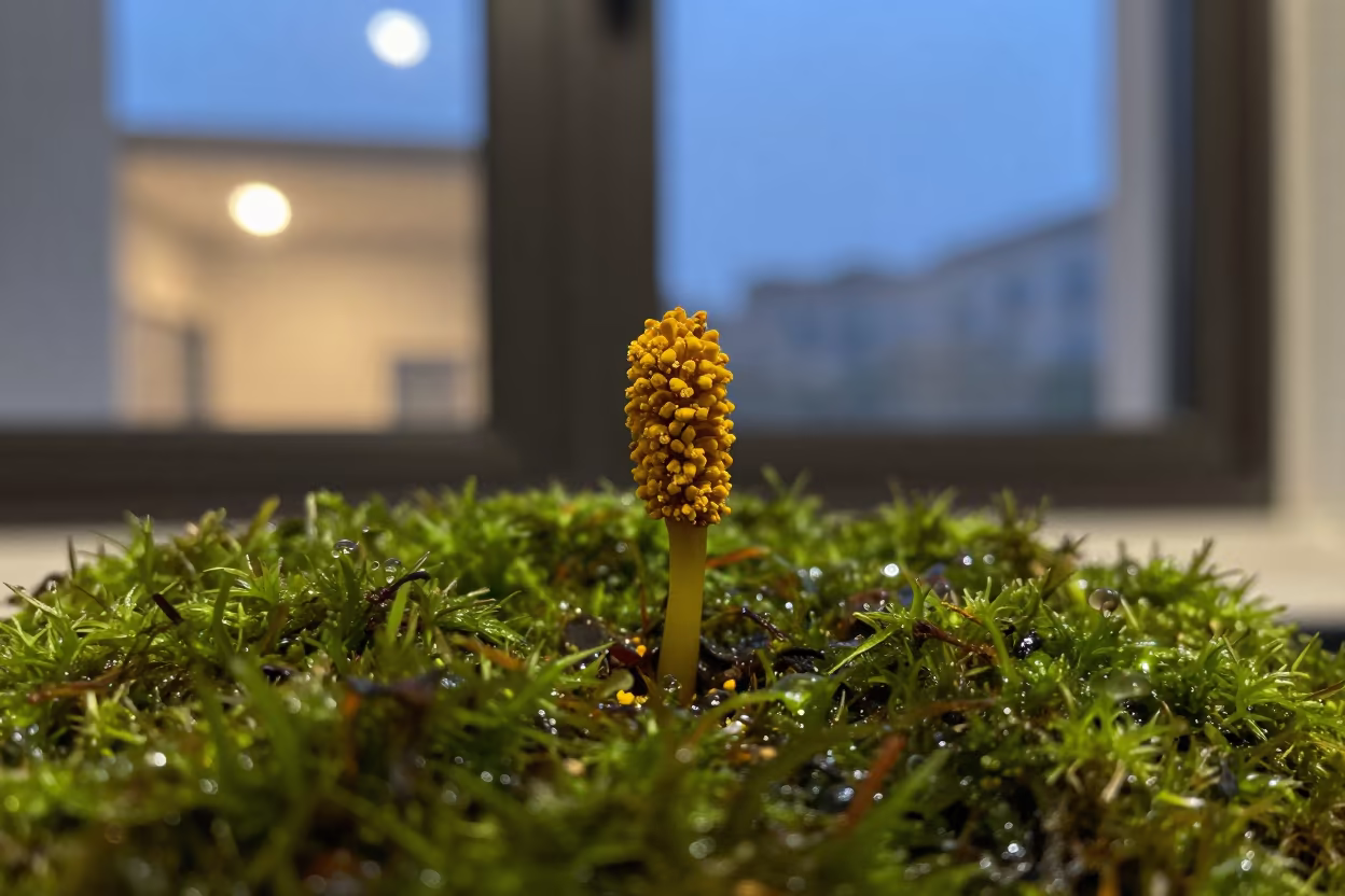 Pollen Dusting Pistil on Dewy Suzhou Moss in on dew-soaked moss near Suzhou
