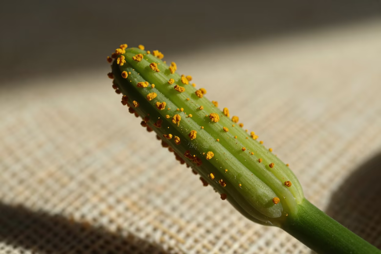 Pollen Grain on Pistil Linen Macro in against woven linen fibers in Santos