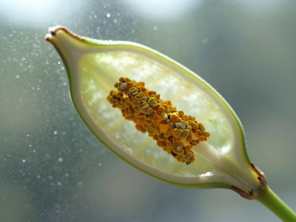 Pollen Grains on Stamen Inside Seed Pod in inside a seed pod split open in Quebec City