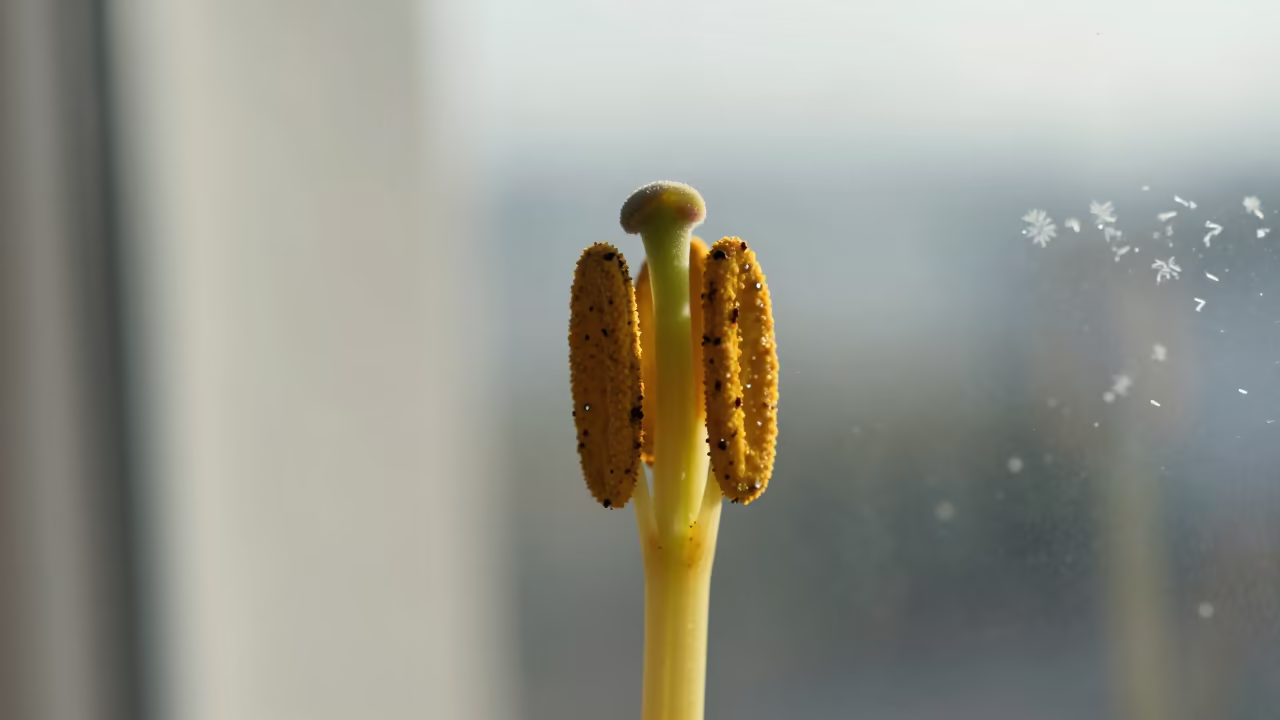Jewel-like Pollen Grains on Stamen in Morning Light in along a frost-edged windowpane near Tsim Sha Tsui, Hong Kong