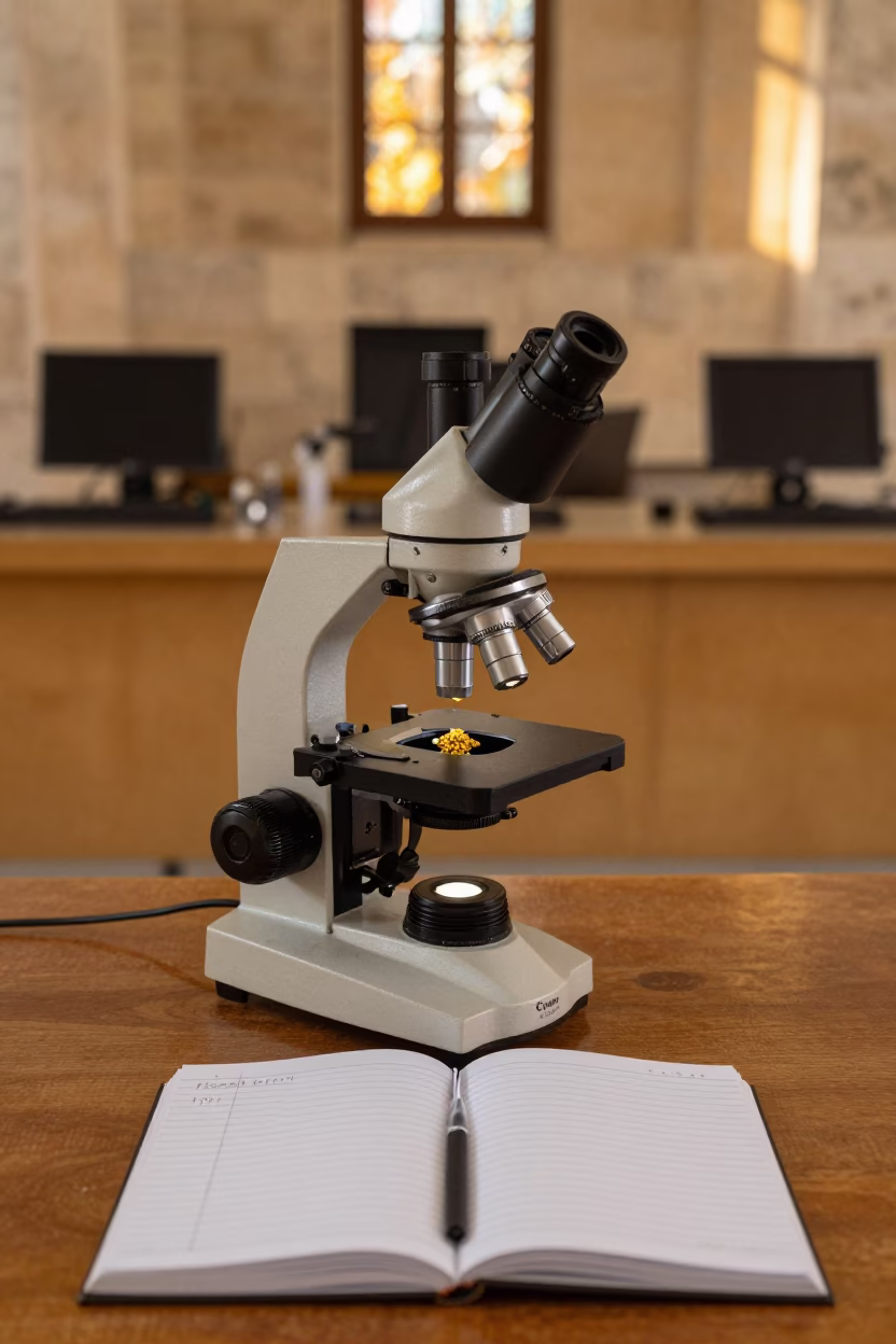 Pollen Slide and Notebook in Aleppo Observatory in inside an observatory control room in Aleppo