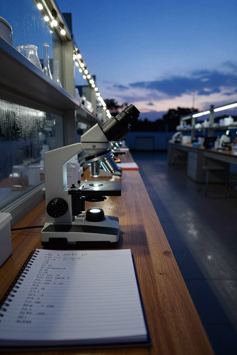 Pollen Slide and Notebook in Twilight Lab in inside a university research lab near Merida Venezuela