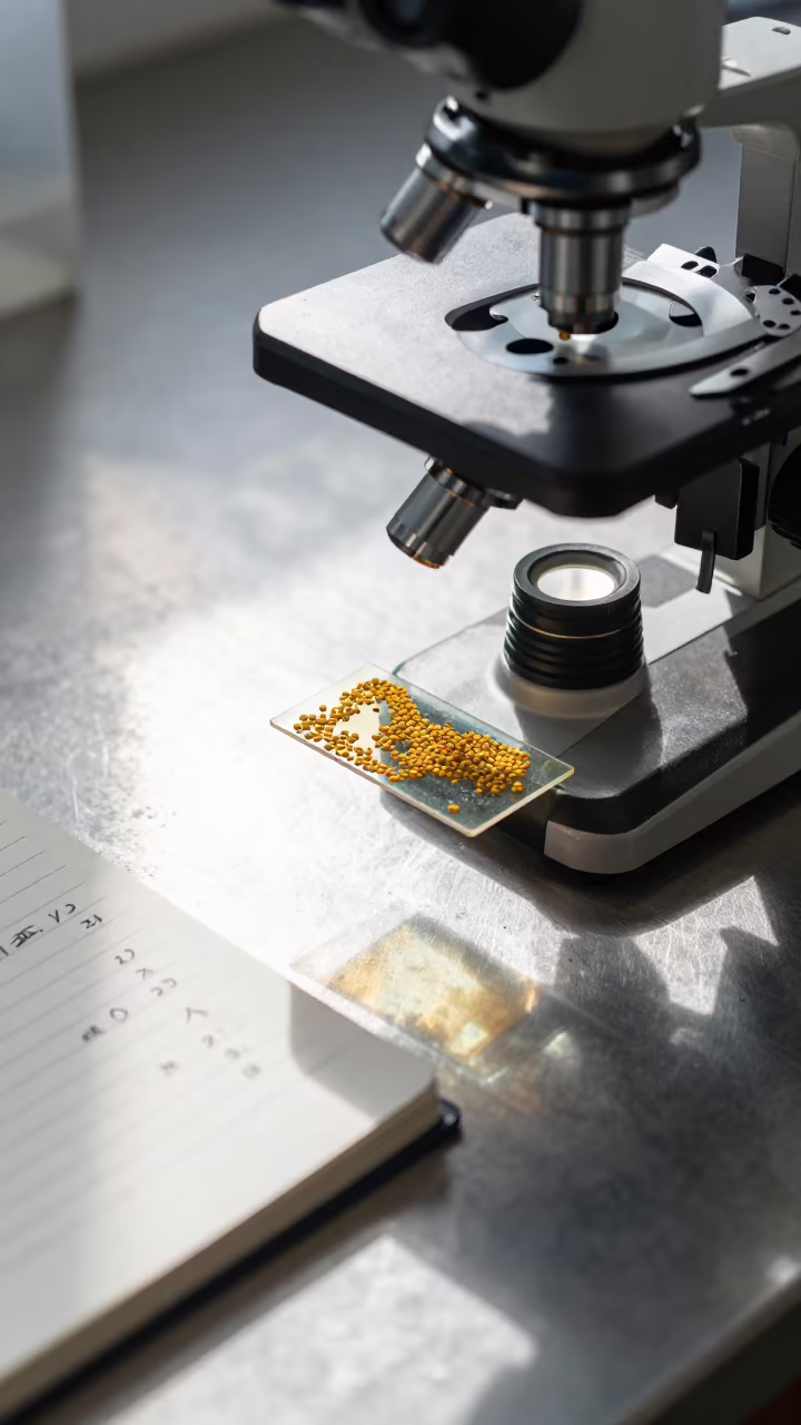 Pollen Slide and Notebook on Workbench in at an engineering workbench near São Paulo