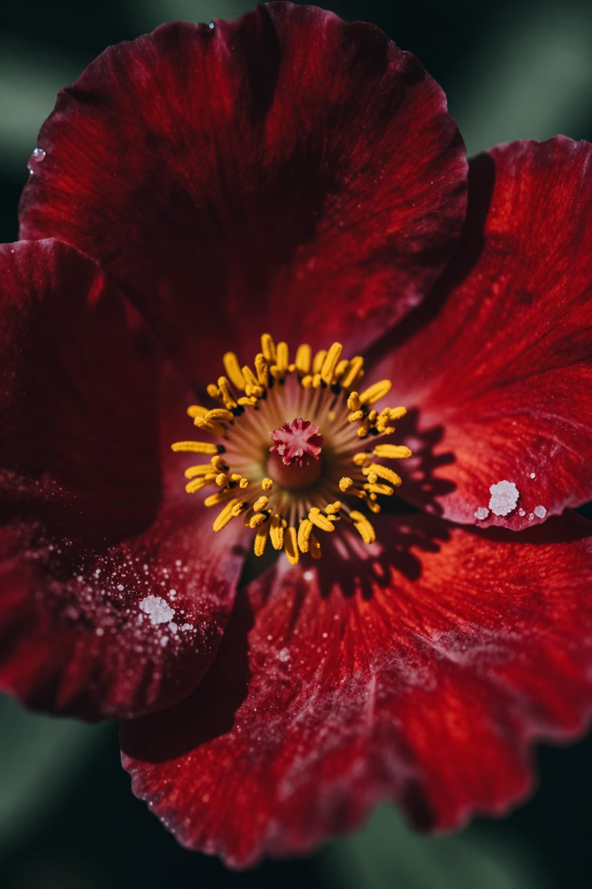 Pollen on Velvet Petals Among Salt Crystals in on salt crystals along a pan rim in Kaya