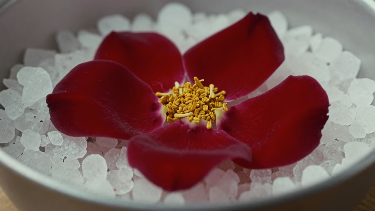 Pollen on Velvet Petals with Salt Crystals in on salt crystals along a pan rim in Pretoria