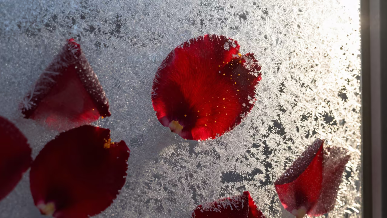Pollen on Velvet Petals Split by Snow and Sun in along a frost-edged windowpane near Brasilia