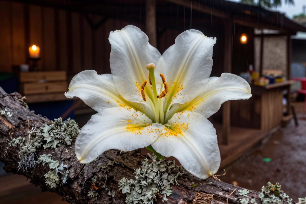Pollen on White Lily Under Candlelight Makola Market in on lichen-covered bark in Makola Market, Accra