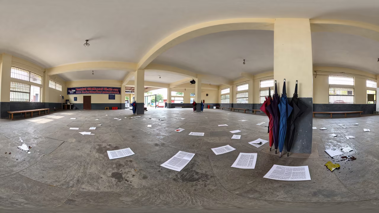Polling Station Floor Arrows Umbrellas Nagpur in inside a polling station gymnasium in Nagpur