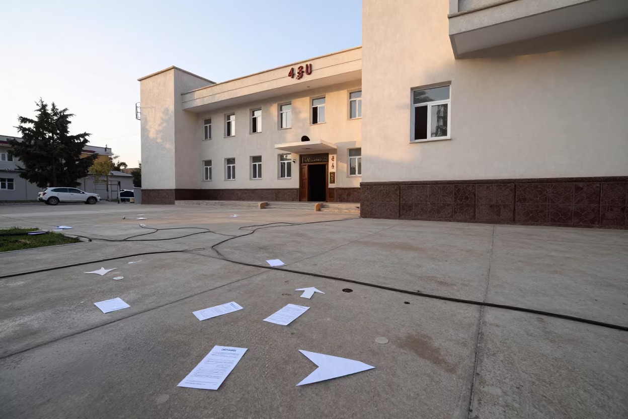 Polling Station Floor Scattered with Arrows in in a courthouse corridor in Kirkuk