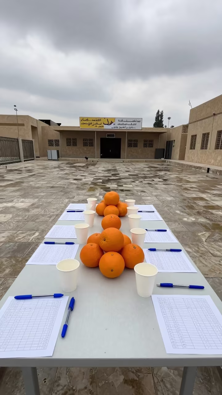 Polling Station Lunch Table with Oranges and Cups in inside a polling station gymnasium in Sanaa