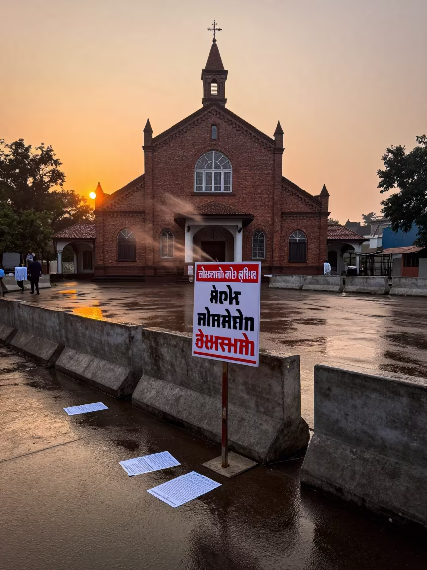 Polling Station Sign Twisting in Dawn Wind in along barricaded protest routes in Bhiwandi
