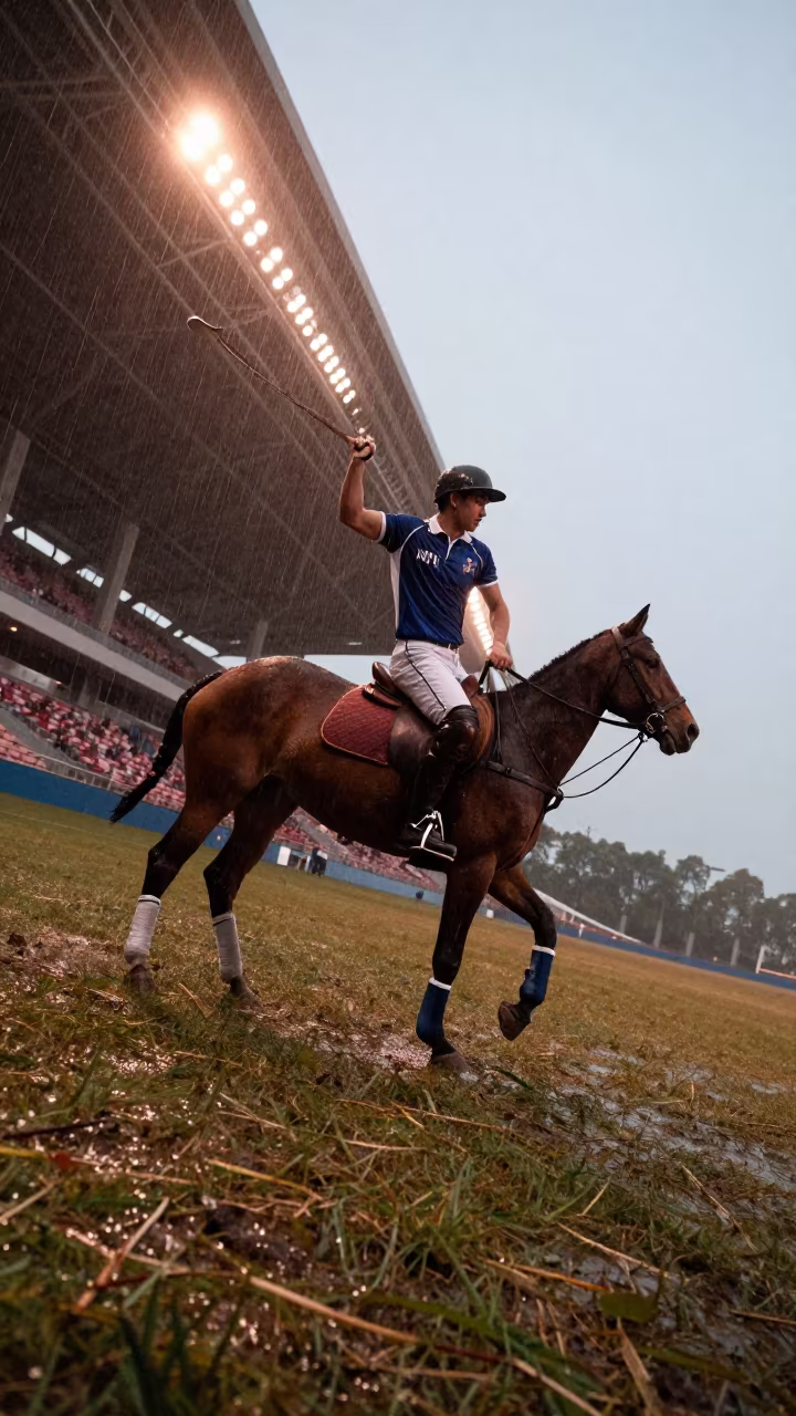 Polo Player Mid Swing Copper Light Rain in on a hillside near Zhujiajiao, Shanghai