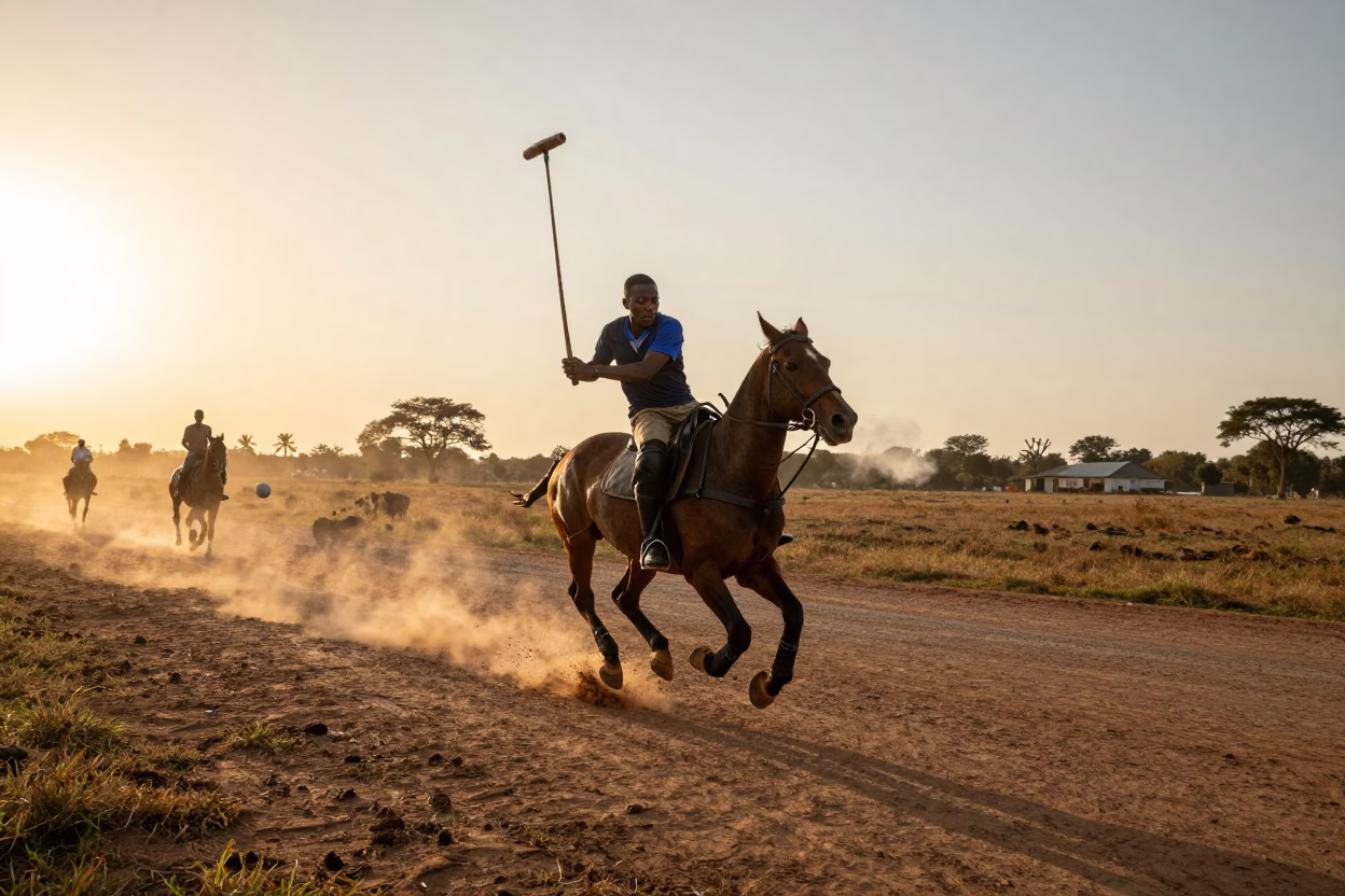 Polo Player Reaching Forehand at Golden Hour in at a roadside stop near Tamale