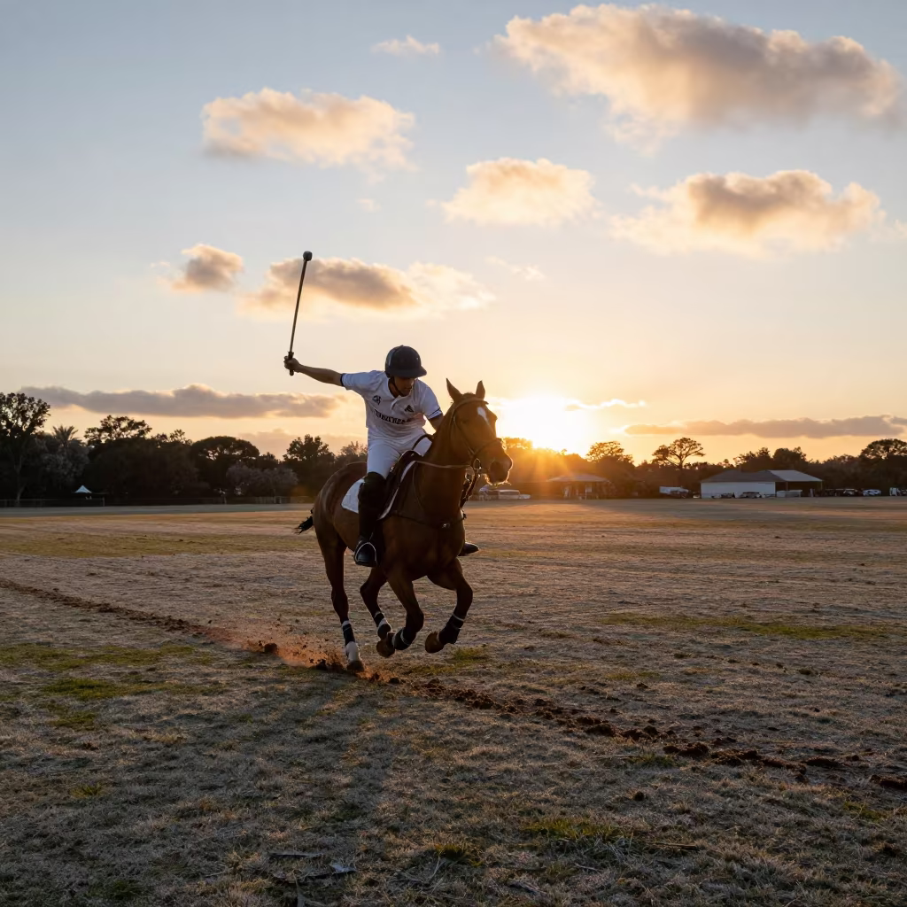 Polo Player Reaching Nearside Forehand at Full Gallop in near open fields near Rosario