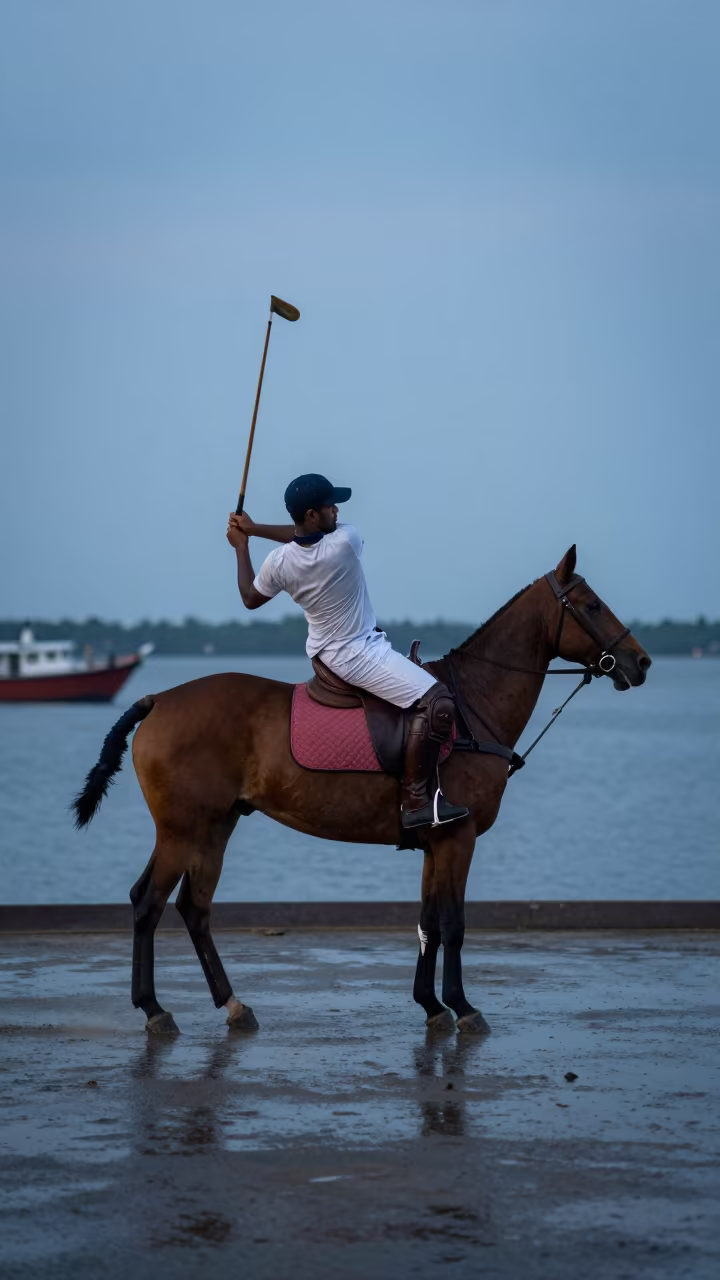 Polo Player Swing at Kaya Harbor Quay in at a harbor quay near Kaya