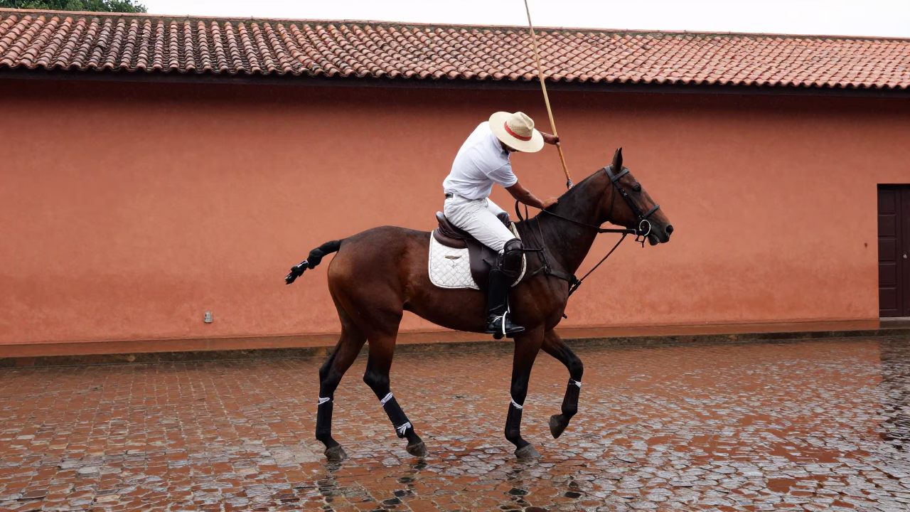 Polo Rider Leaning Nearside Backhand in Owo Quarter in in the old quarter in Owo
