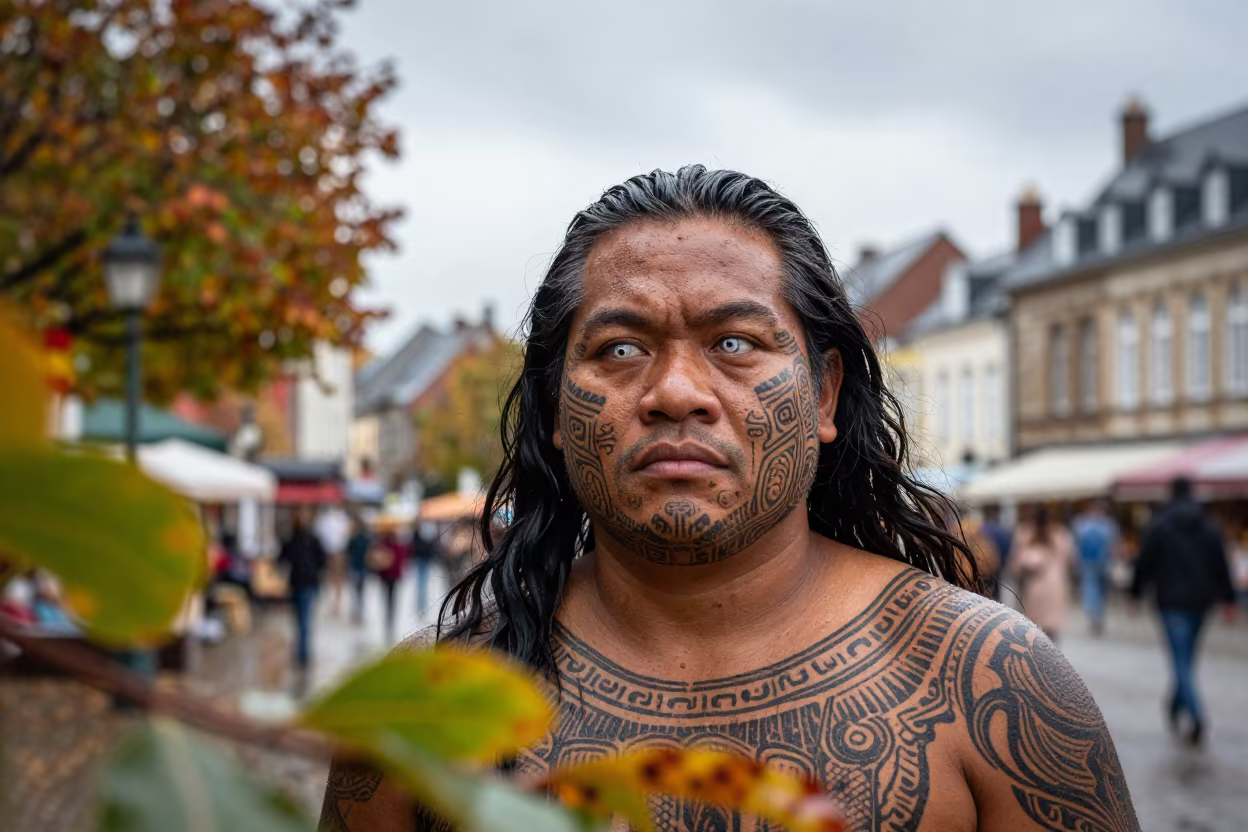 Polynesian Chief Portrait in Rouen Autumn Square in at a public square in Rouen
