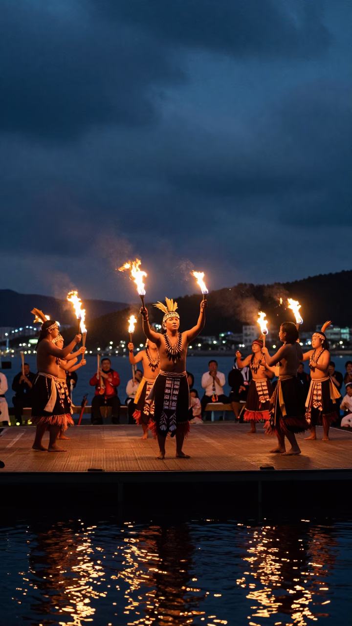 Polynesian Fire Dance on Busan Stage at Twilight in on a dimly lit stage in Seomyeon, Busan