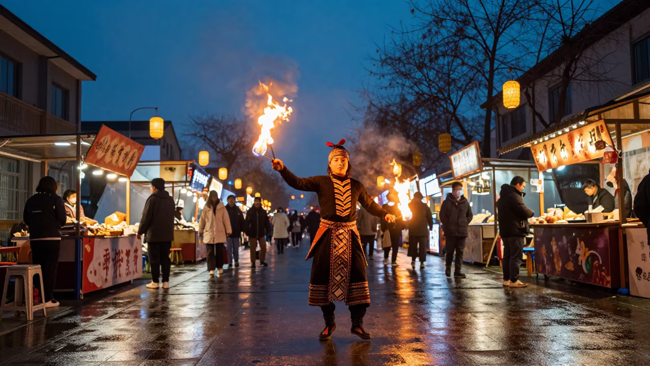 Polynesian Fire Dancer at Hefei Night Market in at a night market in Hefei