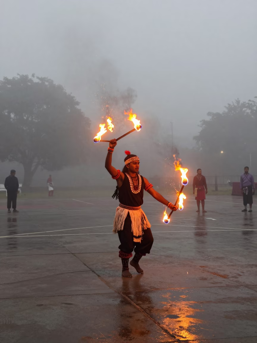 Polynesian Fire Dancer Spinning Flames in Indore Dawn in at a public square during a festival in Indore