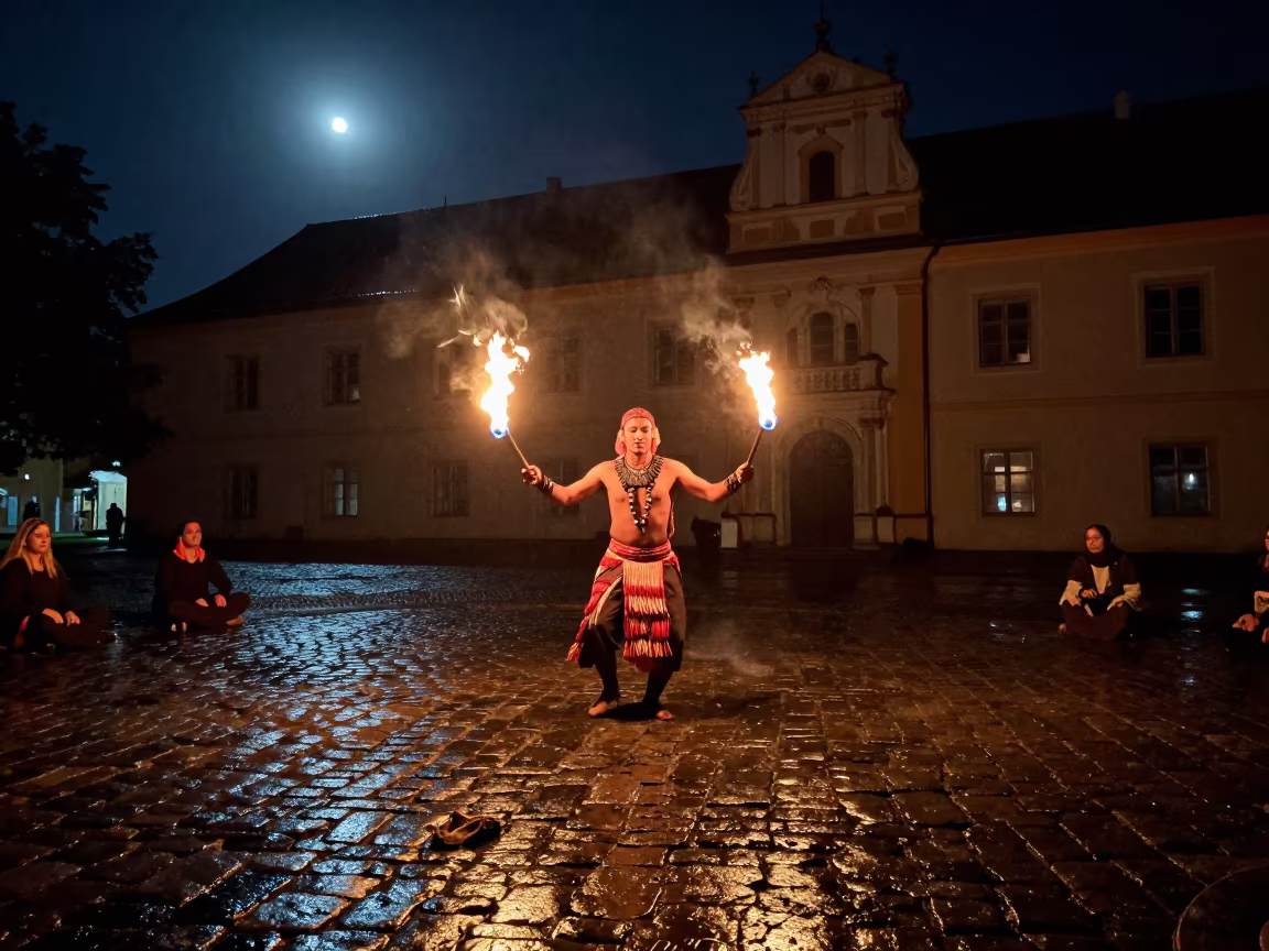 Polynesian Fire Knife Dance Night Bydgoszcz in in a temple courtyard in Bydgoszcz