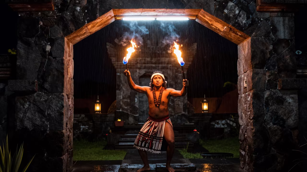 Polynesian Fire Knife Dancer in Arequipa Shrine in in a shrine lined with lanterns in Arequipa