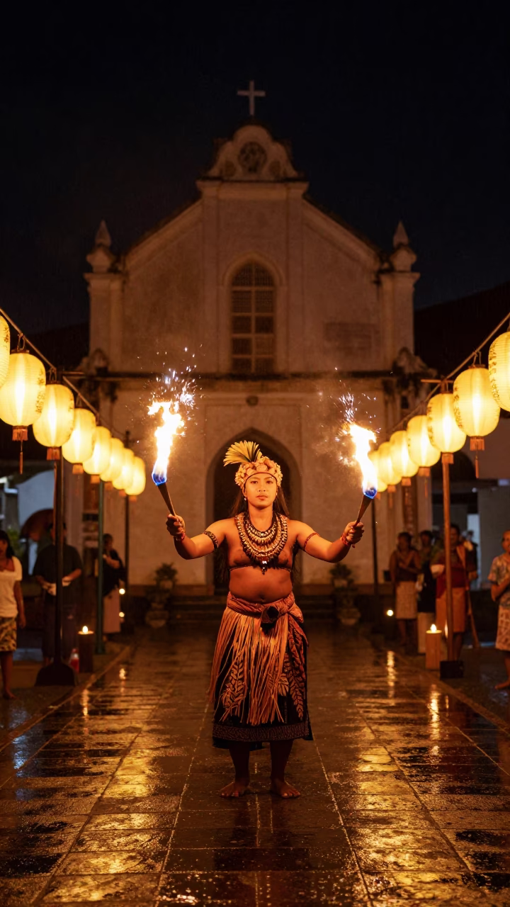 Polynesian Fire Knife Dancer George Town Shrine Night in in a shrine lined with lanterns in George Town