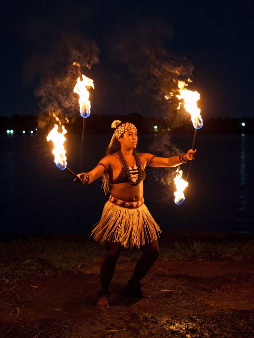 Polynesian Fire Knife Dancer at Jacksonville Night Festival in at a waterfront celebration near Jacksonville