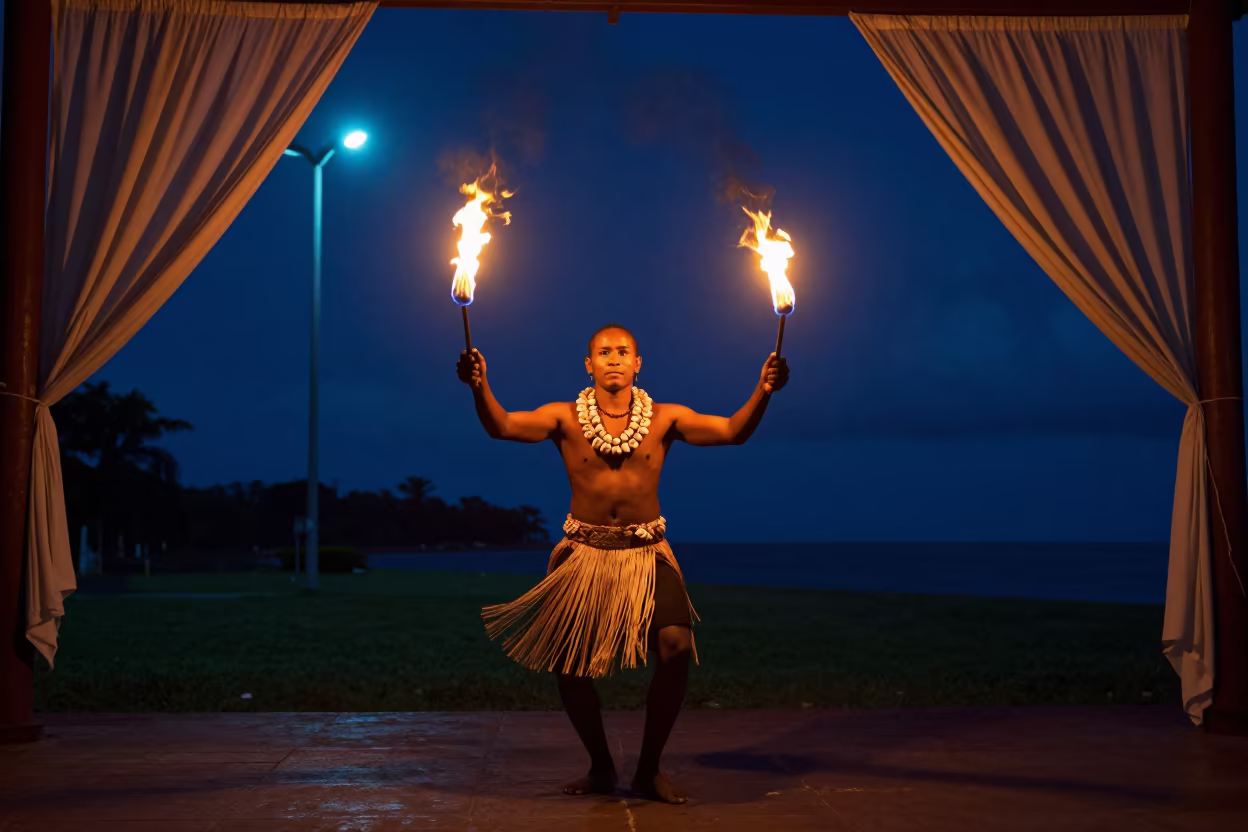 Polynesian Fire Knife Dancer in Libreville Hall in in a ceremonial hall in Libreville