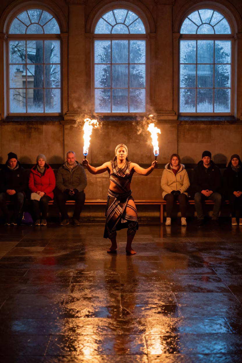 Polynesian Fire Knife Dancer in London Prayer Hall in in a prayer hall near London