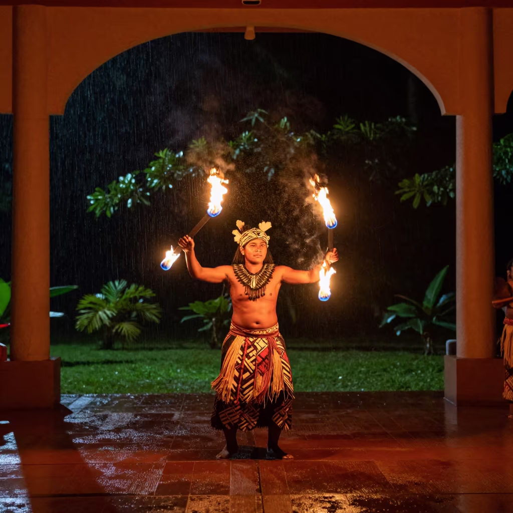 Polynesian Fire Knife Dancer Porlamar Night in in a ceremonial hall in Porlamar