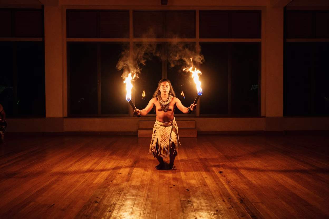 Polynesian Fire Knife Dancer in Prayer Hall in in a prayer hall in Gómez Palacio