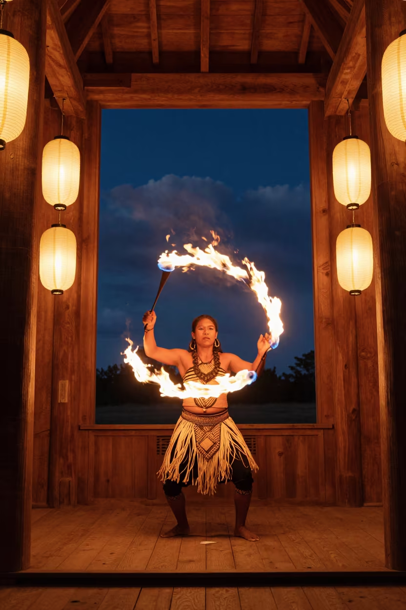 Polynesian Fire Knife Dancer in Rapid City Shrine in in a shrine lined with lanterns near Rapid City