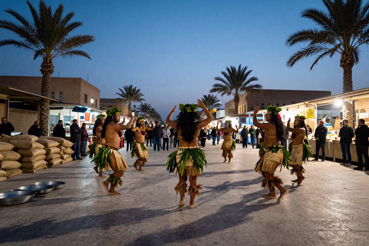 Polynesian Slap Dance Before Dawn in Baghdad Market in at a night market near Baghdad