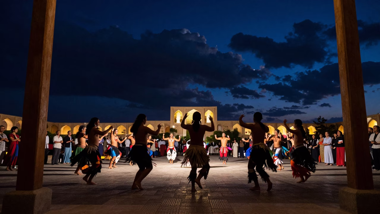 Polynesian Slap Dance Under Night Sky in Shiraz in at a waterfront celebration in Shiraz