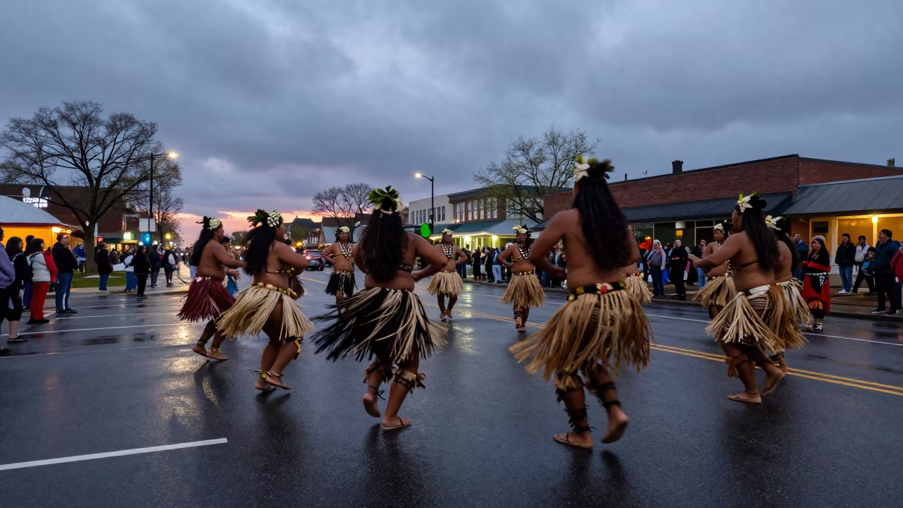 Polynesian Slap Dance Twilight Procession Des Moines in at a festival street procession in Des Moines