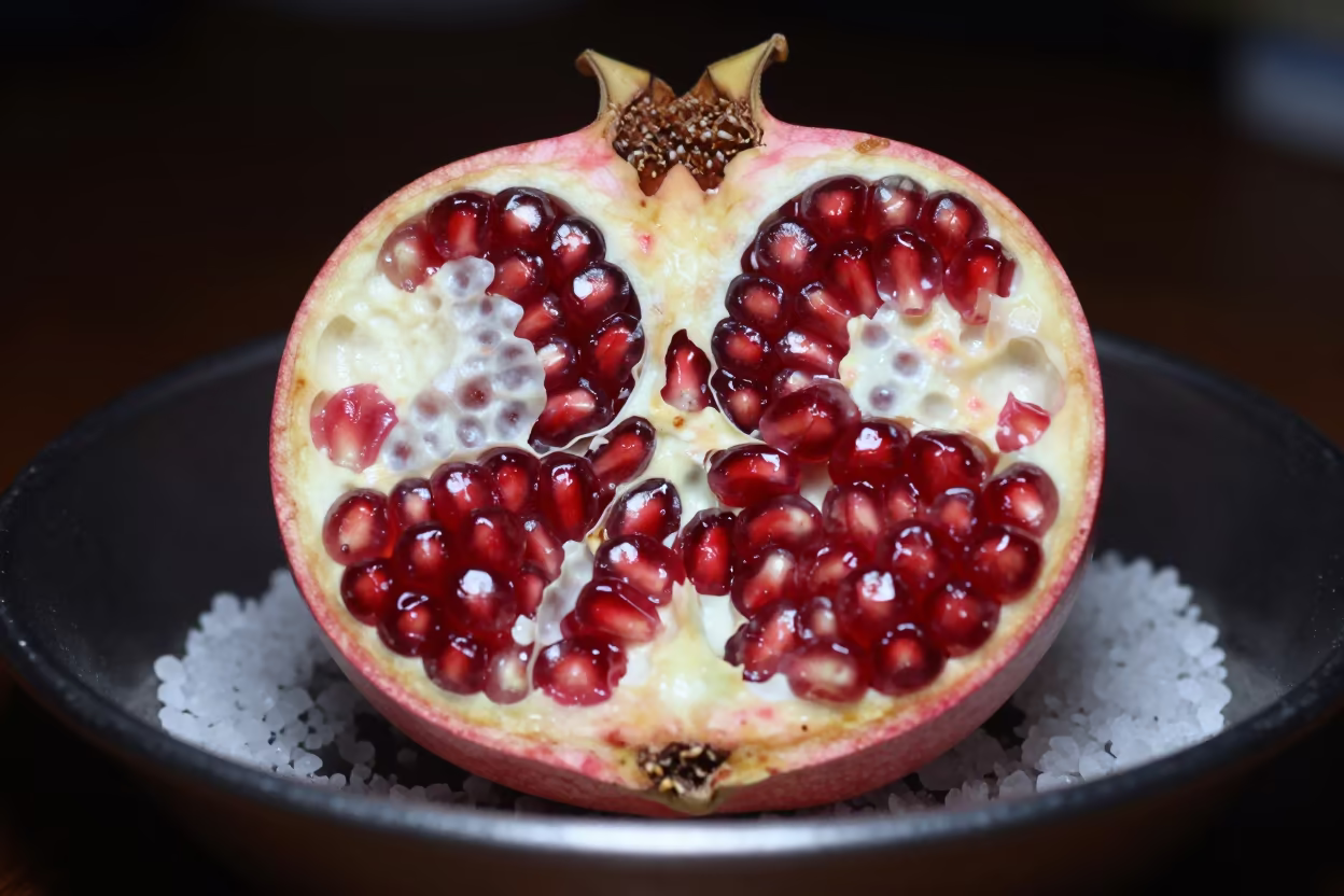 Pomegranate Cross Section on Salt Crystals in on salt crystals along a pan rim in Kuala Lumpur