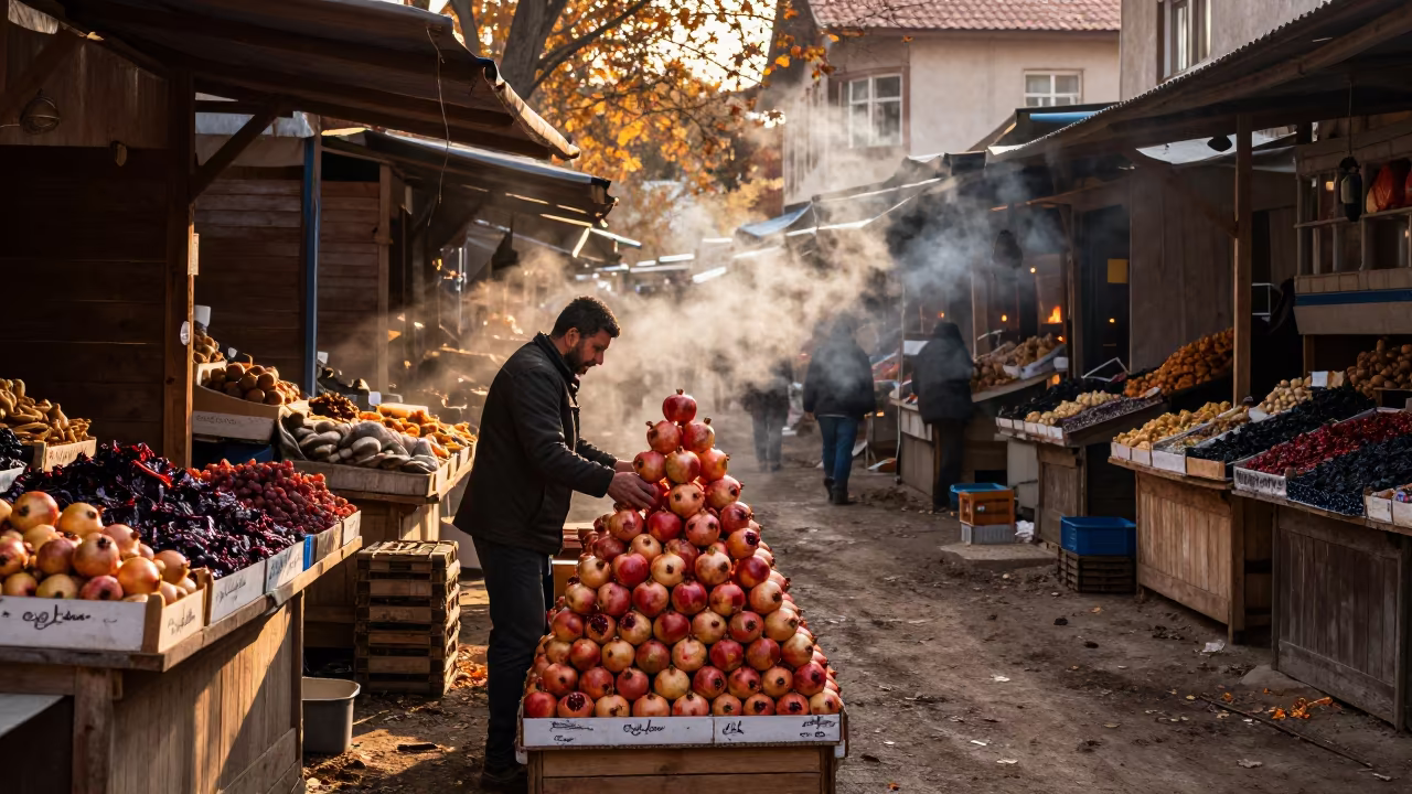 Pomegranate Pyramid in Çorlu Market Evening in under a market canopy in Çorlu