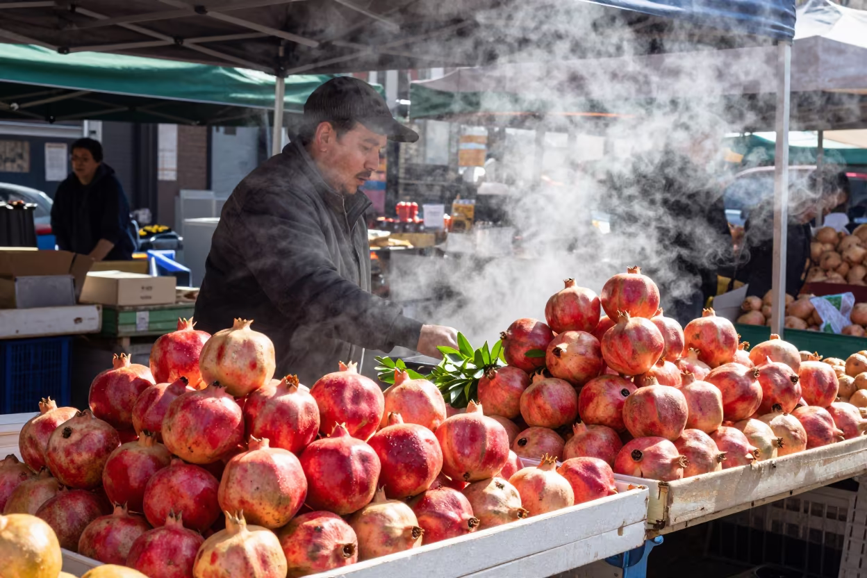 Pomegranate Pyramid Vendor in New York Market in under a market canopy in New York