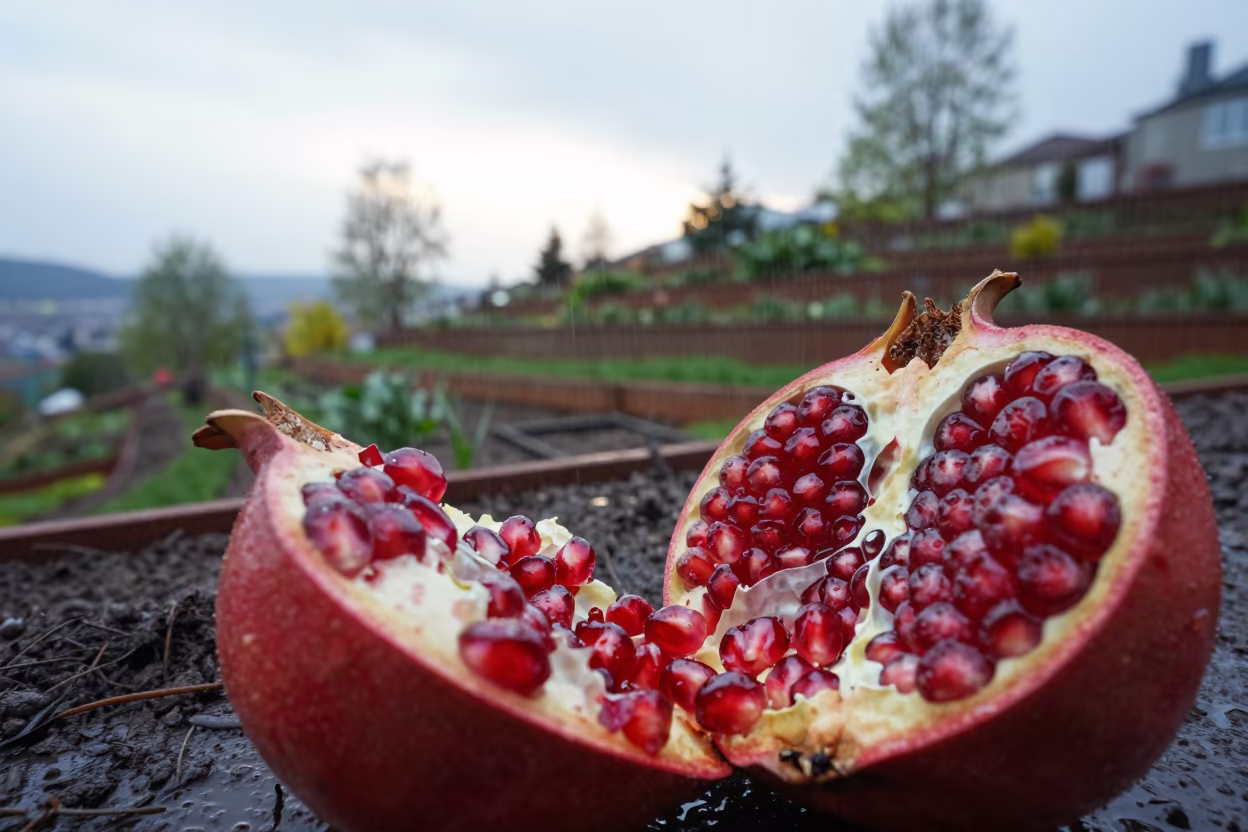 Jewel Red Pomegranate Seeds After Rain Oslo in among terraced garden plots near Oslo