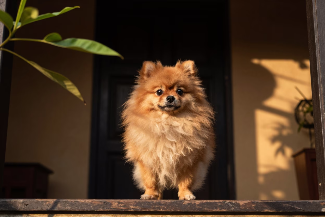 Pomeranian Breed Portrait on French Quarter Porch in on a shaded front porch with boards, railings, and eye-level framing in French Quarter, Hanoi