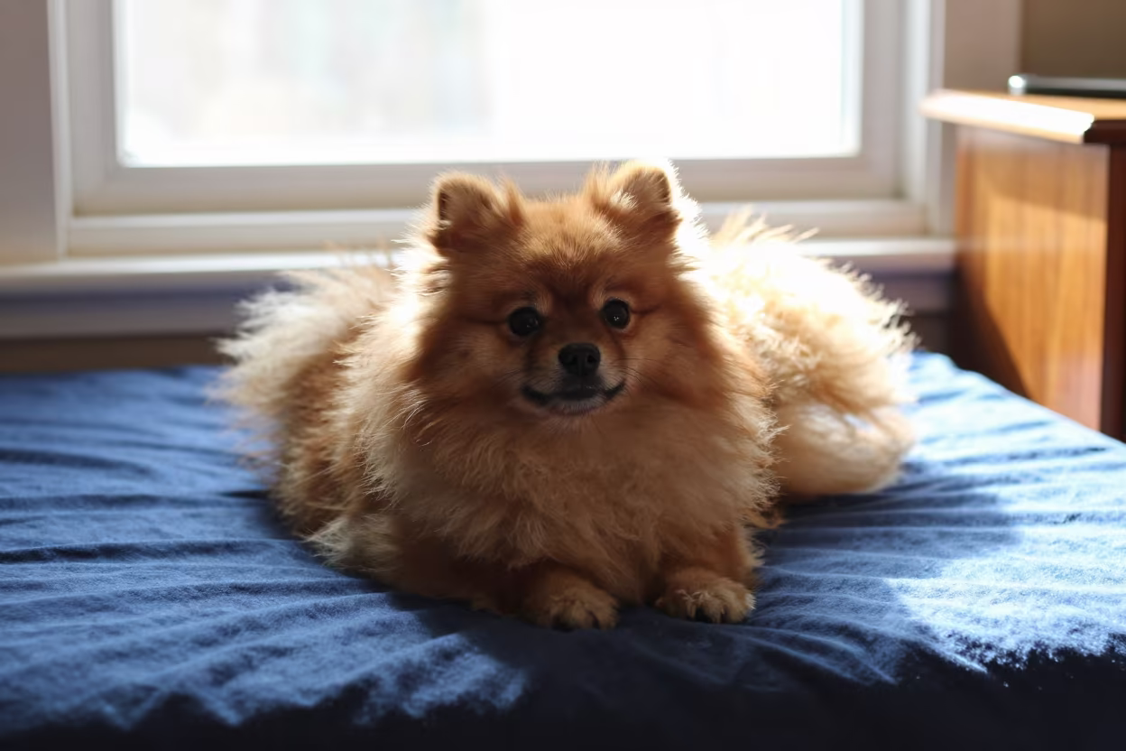 Pomeranian on Bedspread Near Window in on a bedspread near a bright window with calm indoor light in Ipswich