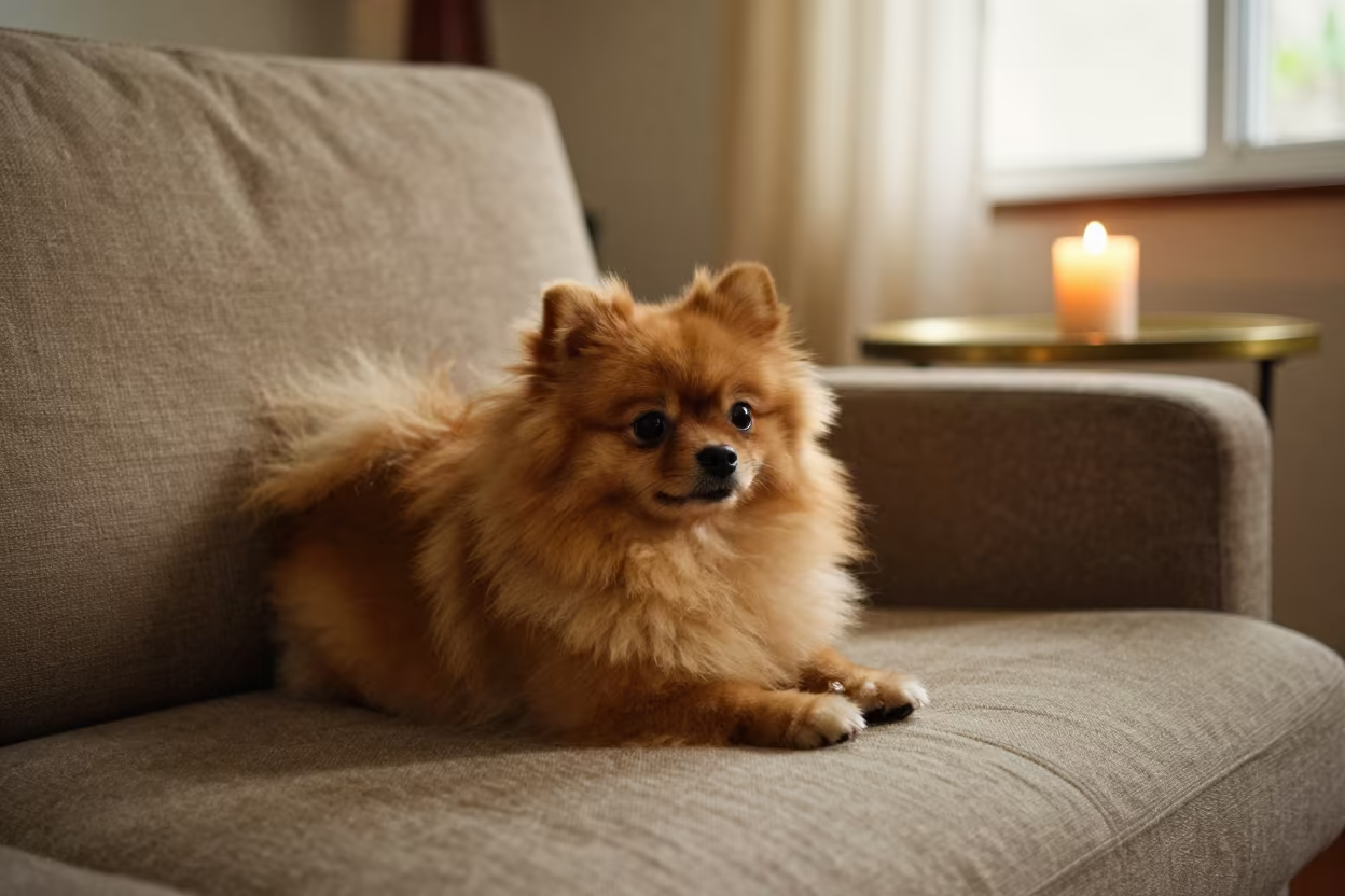 Pomeranian on Linen Sofa in Taichung Evening in on a linen sofa with daylight from a nearby window in Taichung