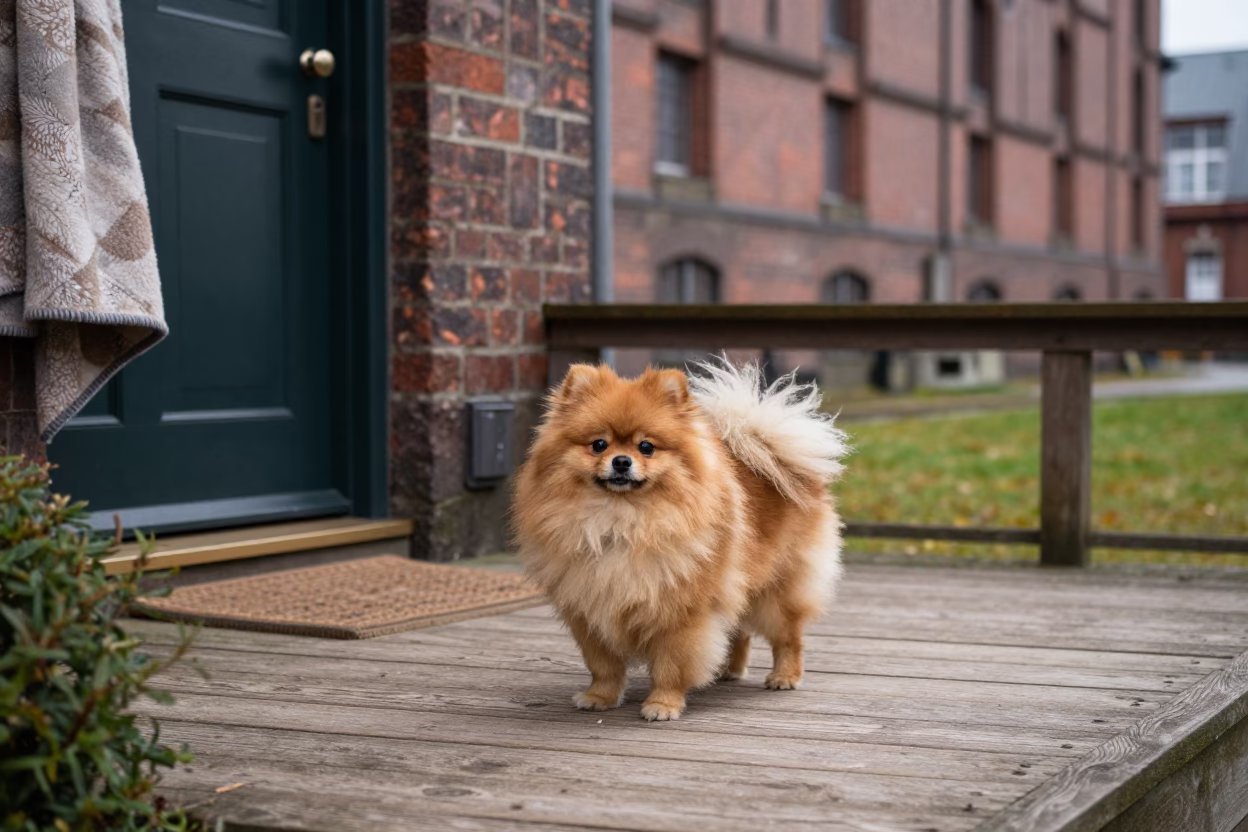 Pomeranian on Shaded Porch in Speicherstadt Hamburg in in a small yard with clipped grass, calm light, and the animal centered in frame in Speicherstadt, Hamburg