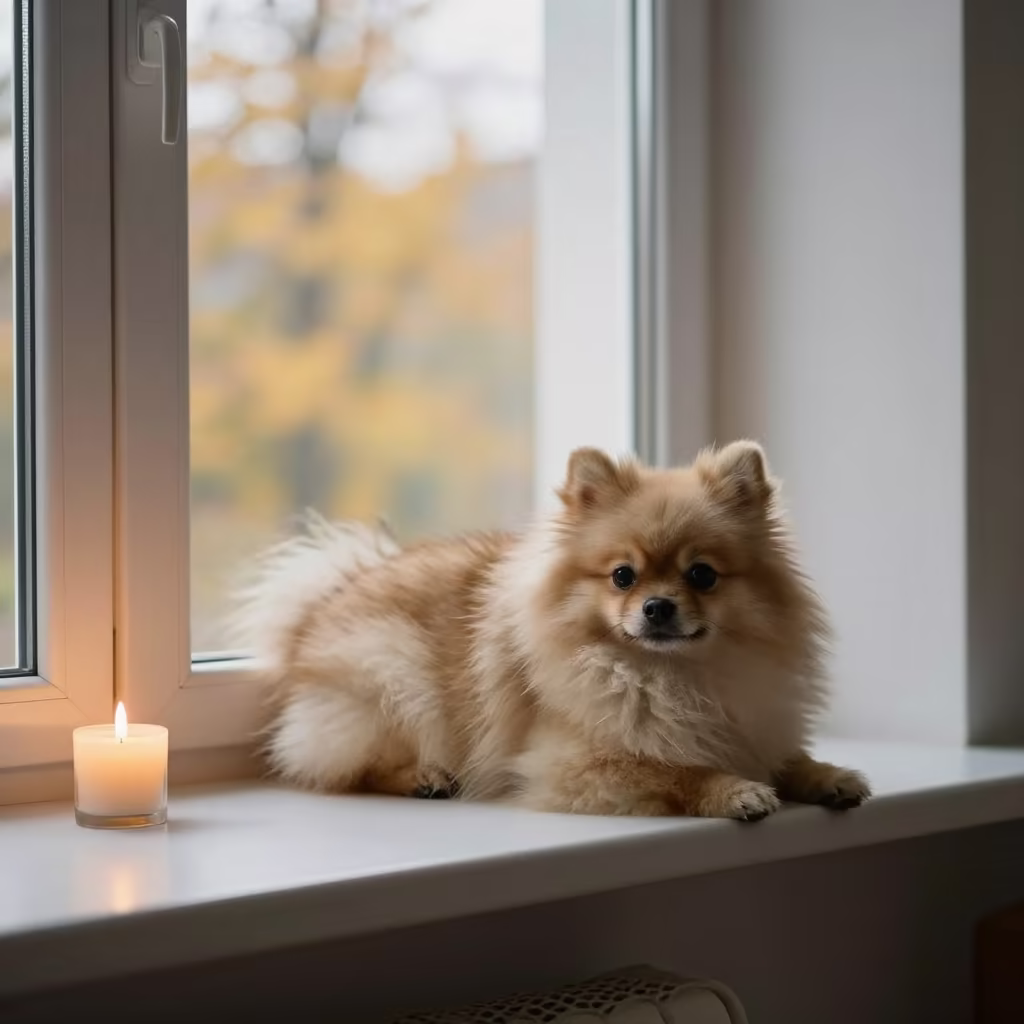 Pomeranian on Window Seat at Sunset in on a window seat in a quiet apartment with soft side light in Irkutsk