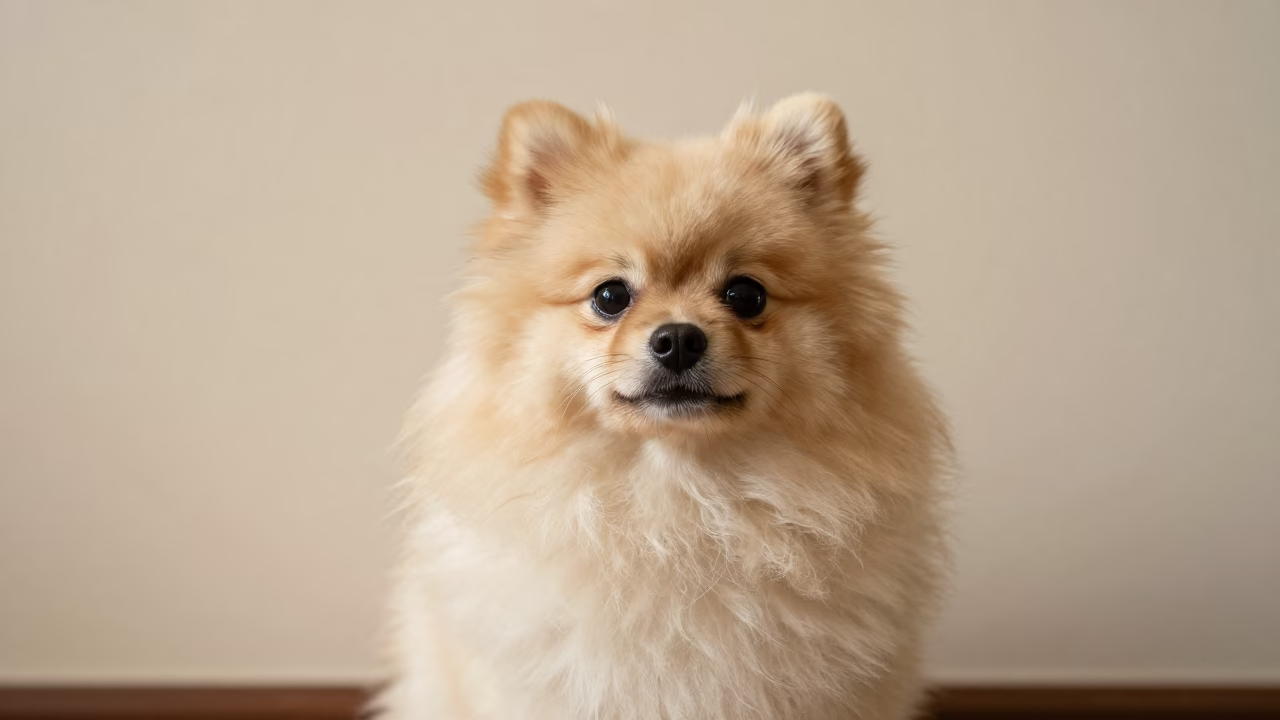 Pomeranian Portrait Beside Plaster Wall in Hyderabad in beside a plain plaster wall in soft indoor light with the animal centered in frame in Hyderabad