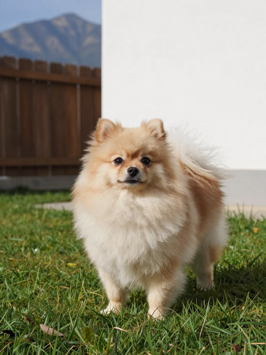 Pomeranian Portrait in Sunny Yard Near Isla Margarita in in a small yard with clipped grass, calm light, and the animal centered in frame near Isla Margarita