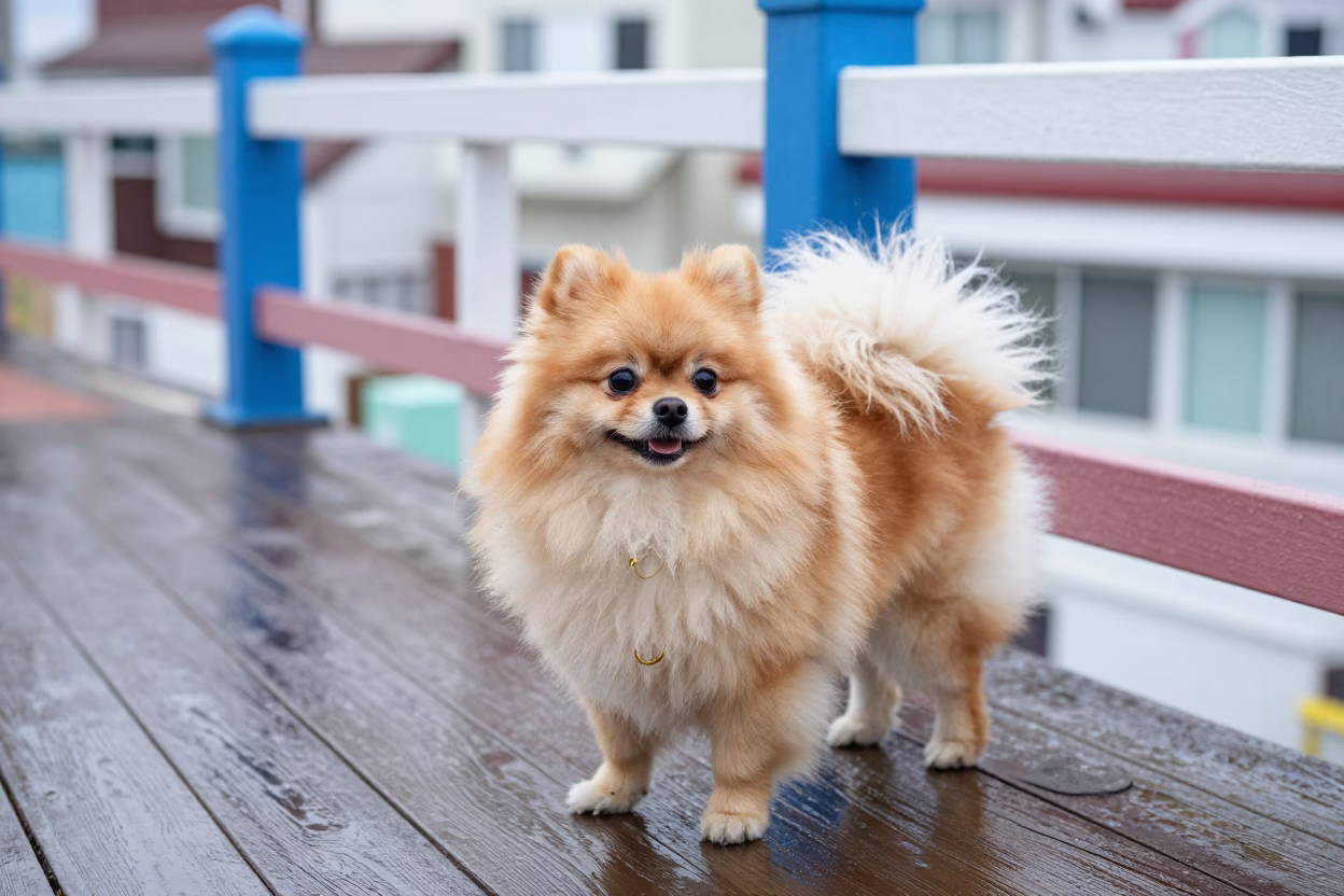 Pomeranian Portrait on Shaded Busan Porch in on a shaded front porch with boards, railings, and eye-level framing in Busan